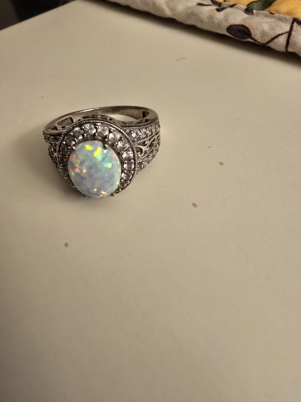 Sterling Silver Opal Halo Statement Ring - Iridescent White